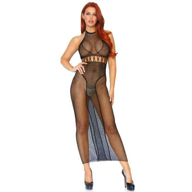 Abito lungo in rete nero con schiena scoperta Leg Avenue